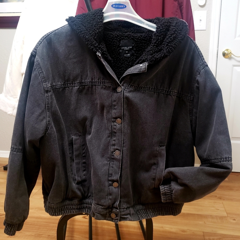 Black Denim Hooded Jacket with Sherpa Lining, Angelkiss Brand, SIZE 3X